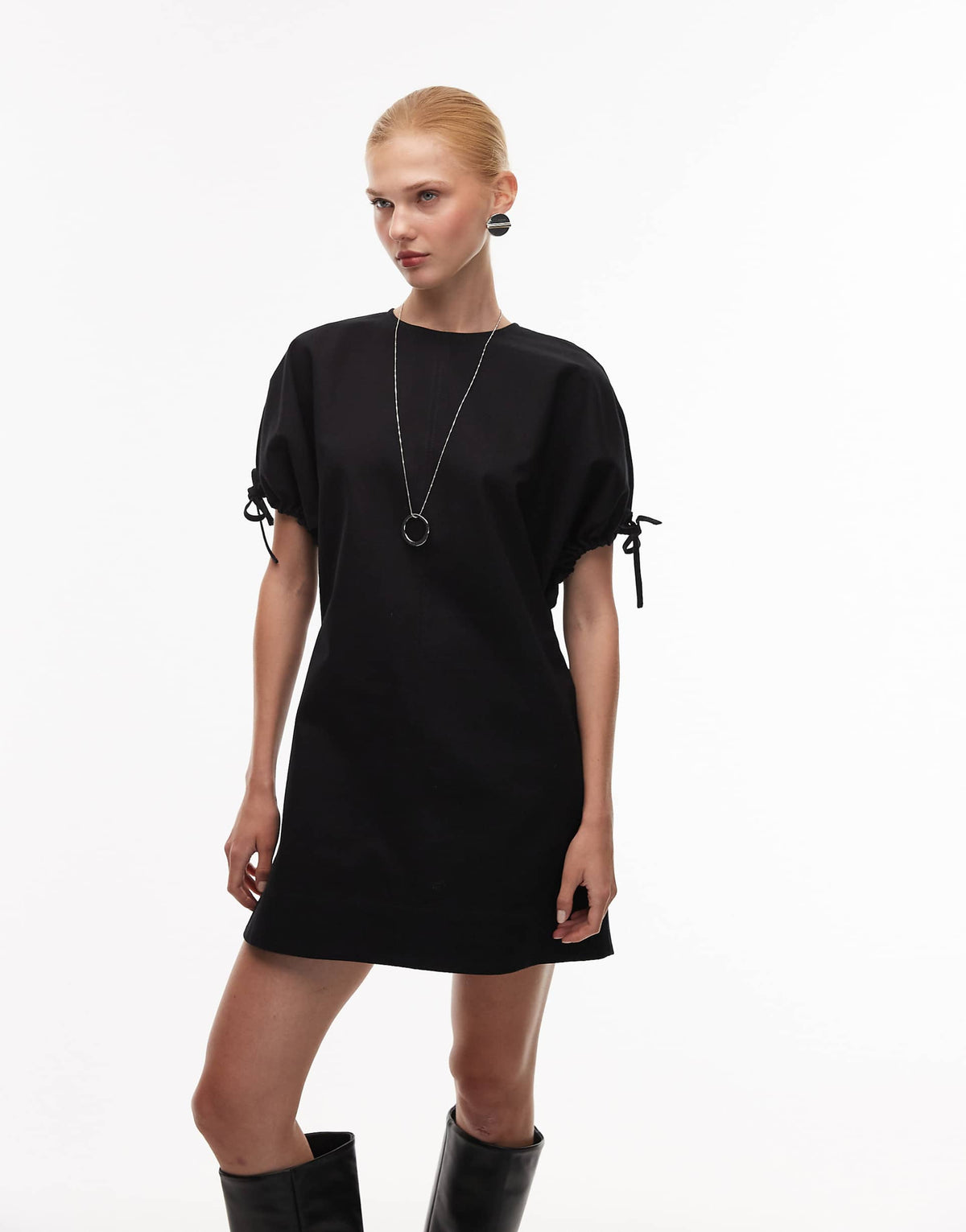 ASOS DESIGN crew neck mini dress with tie sleeve detail in black