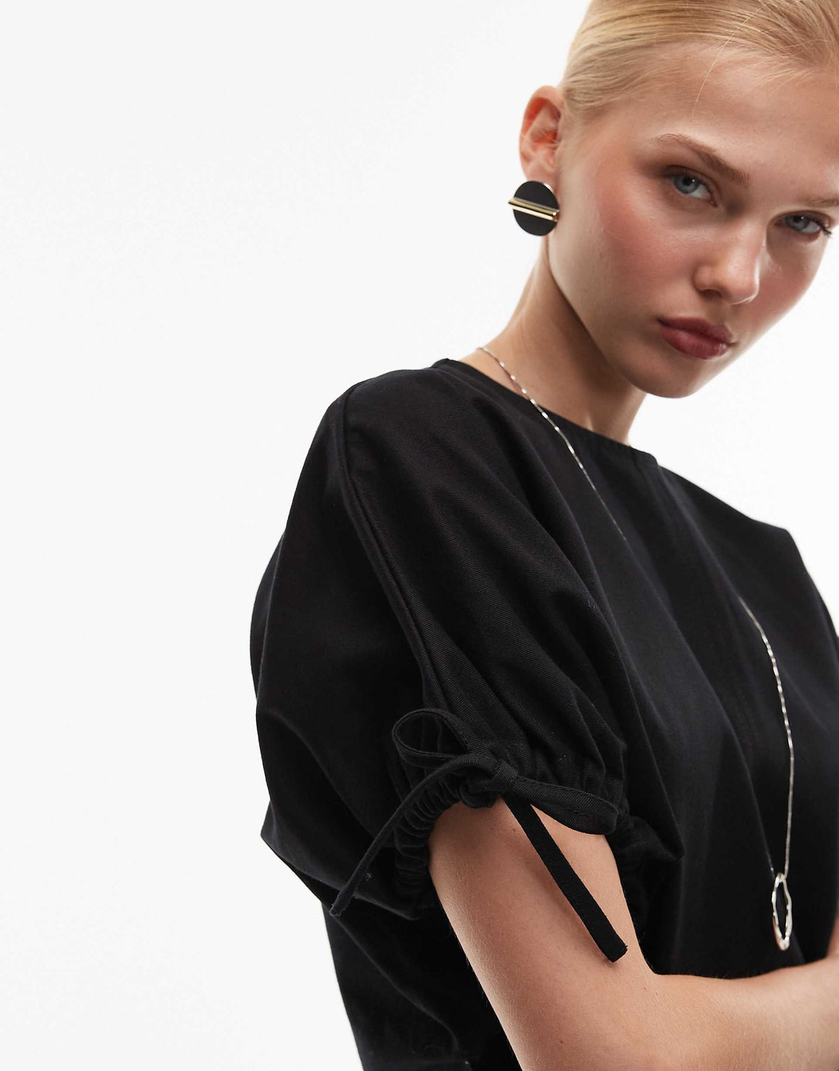 ASOS DESIGN crew neck mini dress with tie sleeve detail in black