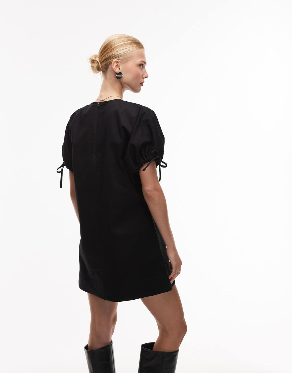 ASOS DESIGN crew neck mini dress with tie sleeve detail in black