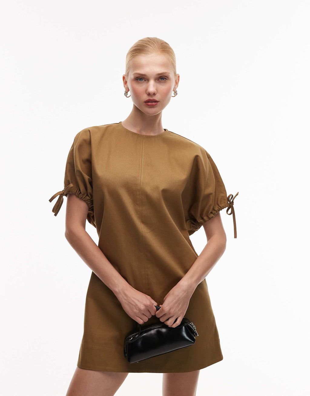 ASOS DESIGN crew neck mini dress with tie sleeve detail in olive