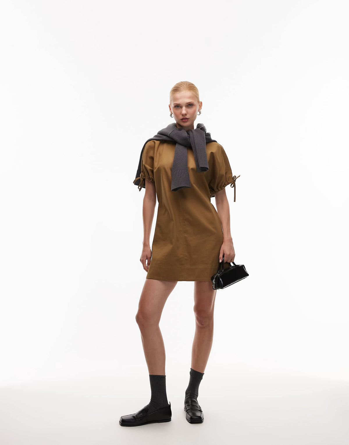 ASOS DESIGN crew neck mini dress with tie sleeve detail in olive