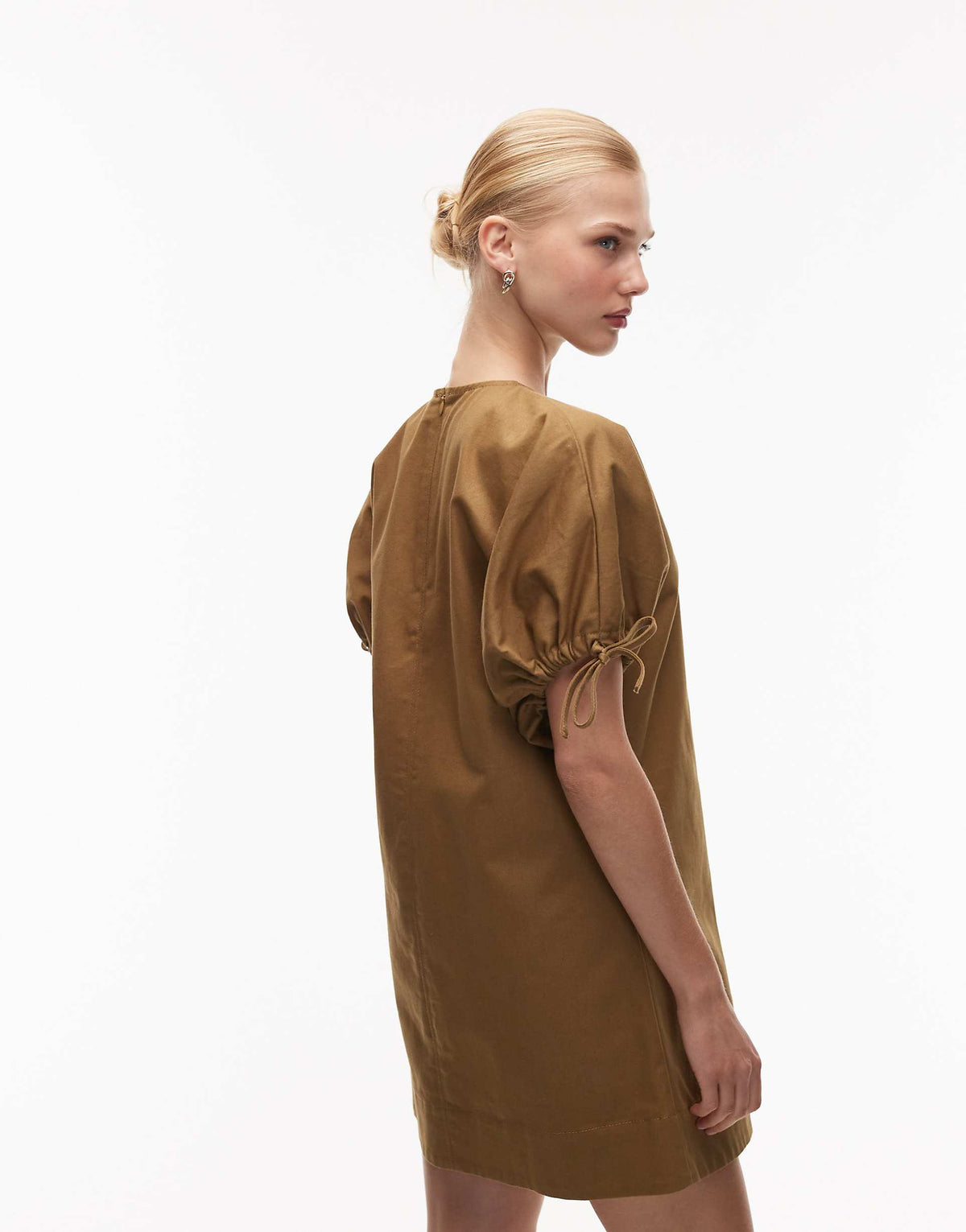 ASOS DESIGN crew neck mini dress with tie sleeve detail in olive
