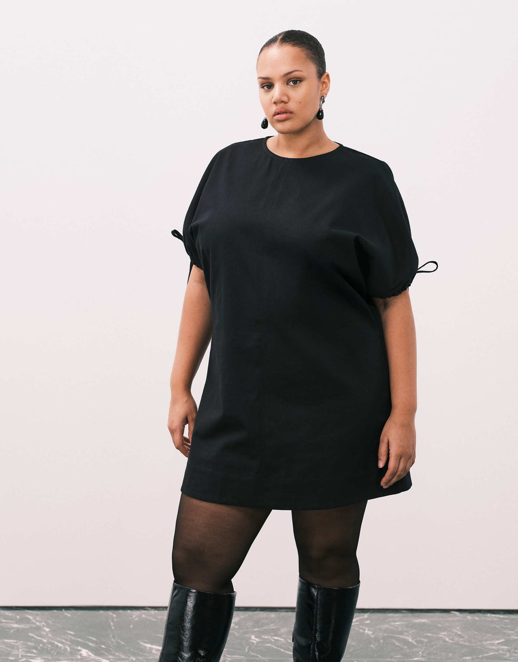 ASOS DESIGN Curve crew neck mini dress with tie sleeve detail in black