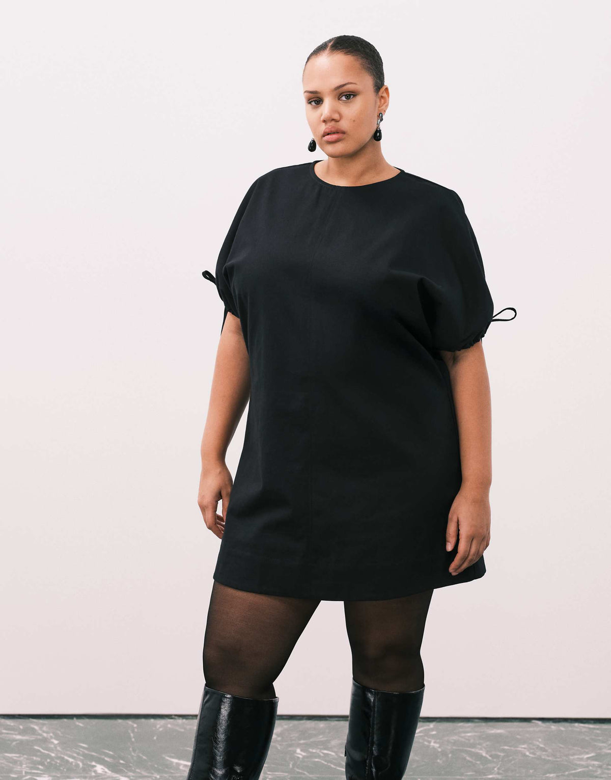 ASOS DESIGN Curve crew neck mini dress with tie sleeve detail in black