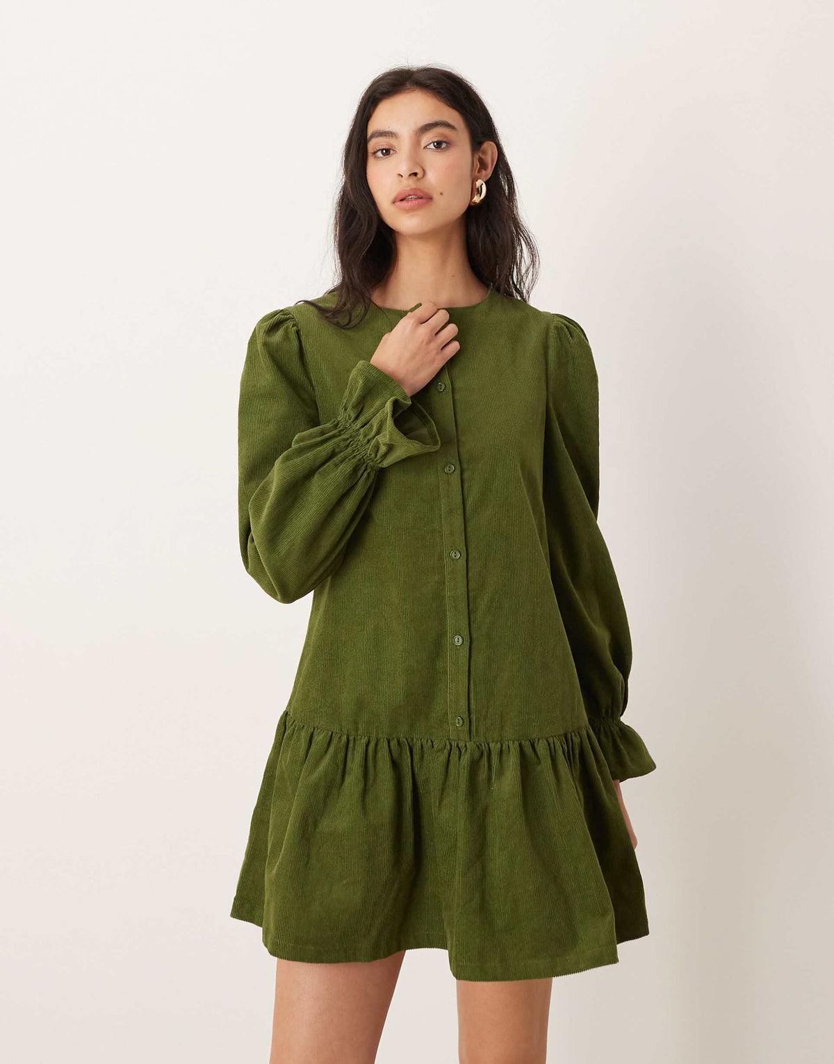 Glamorous long sleeve corduroy smock mini dress in olive green