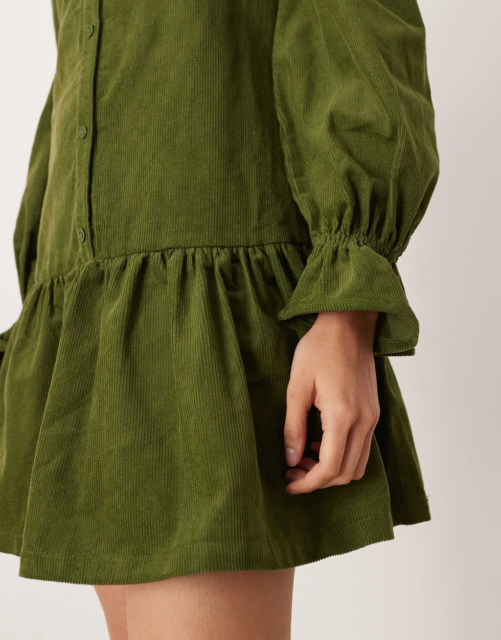 Glamorous long sleeve corduroy smock mini dress in olive green