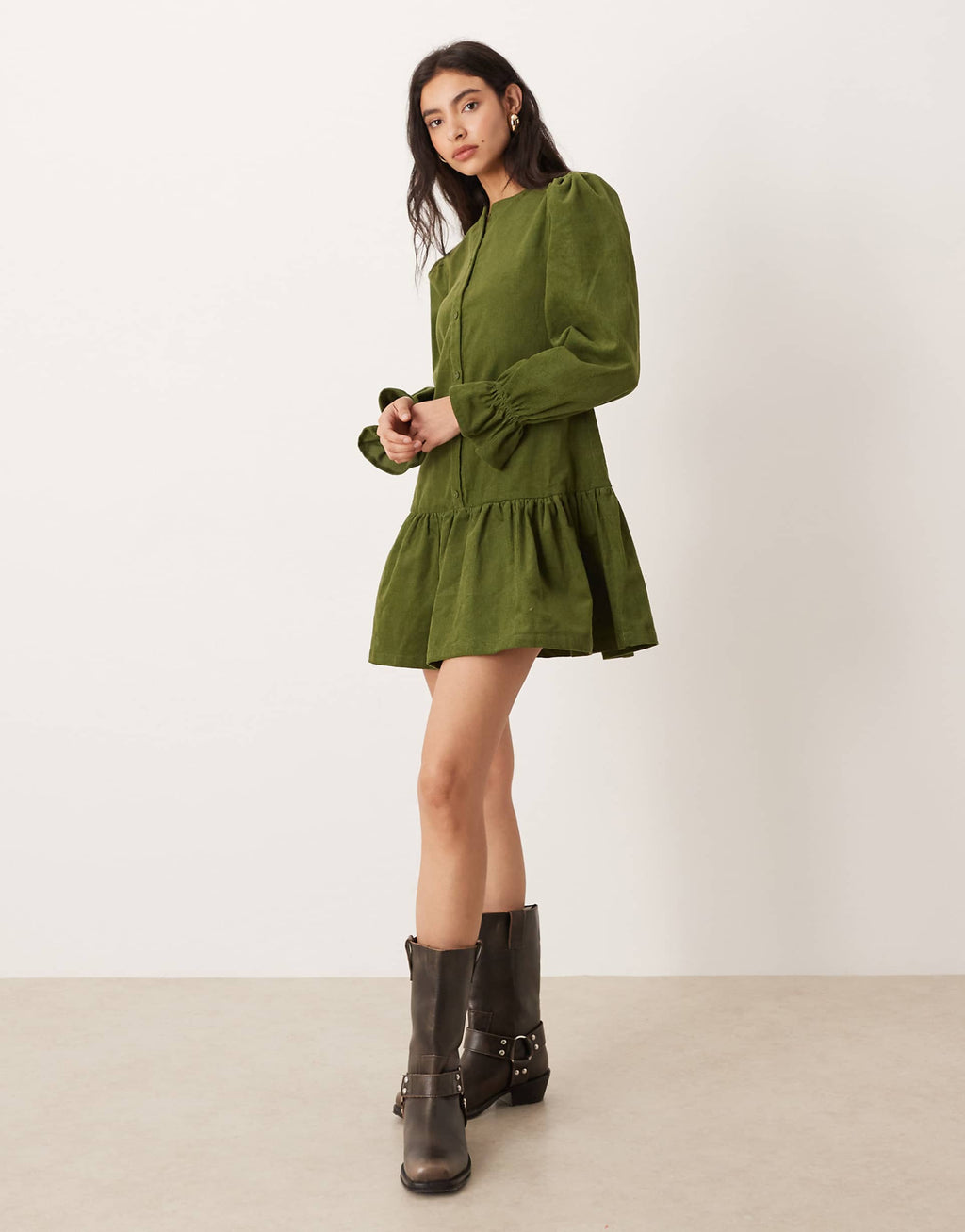 Glamorous long sleeve corduroy smock mini dress in olive green