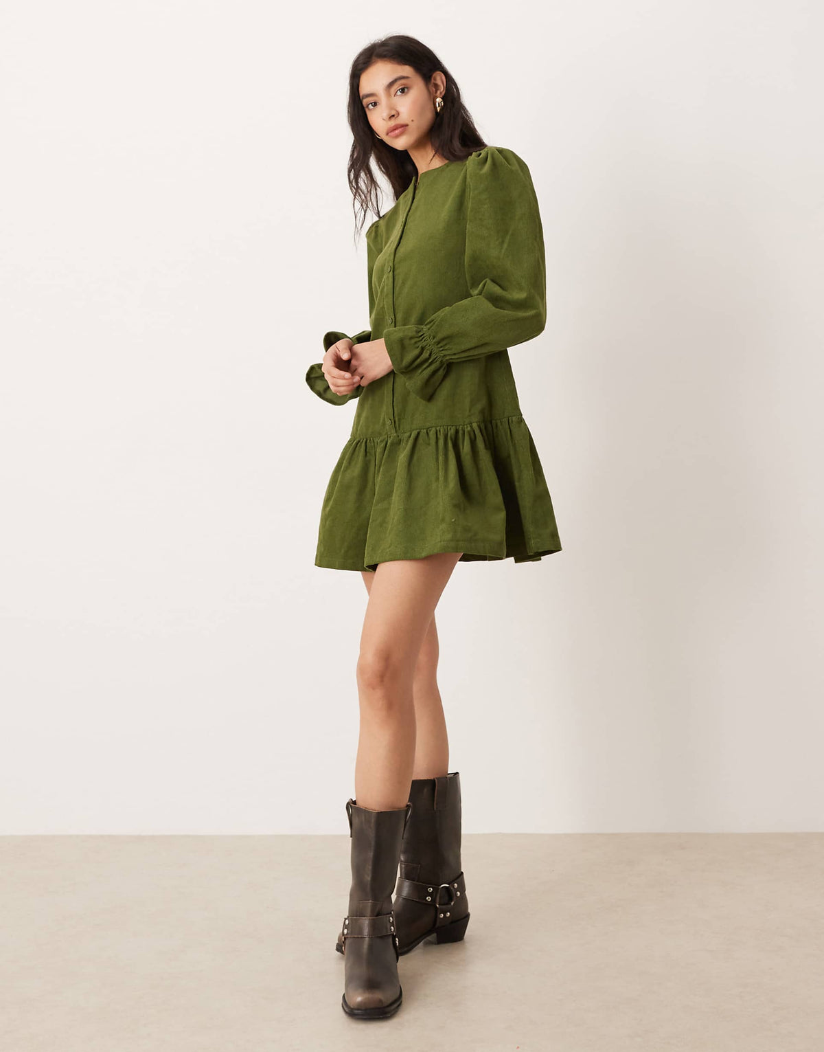 Glamorous long sleeve corduroy smock mini dress in olive green