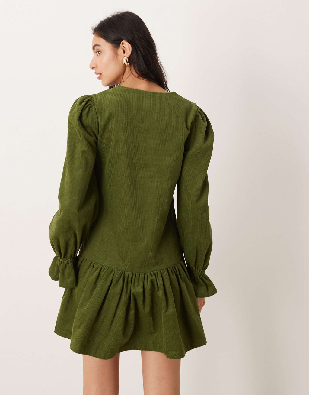 Glamorous long sleeve corduroy smock mini dress in olive green