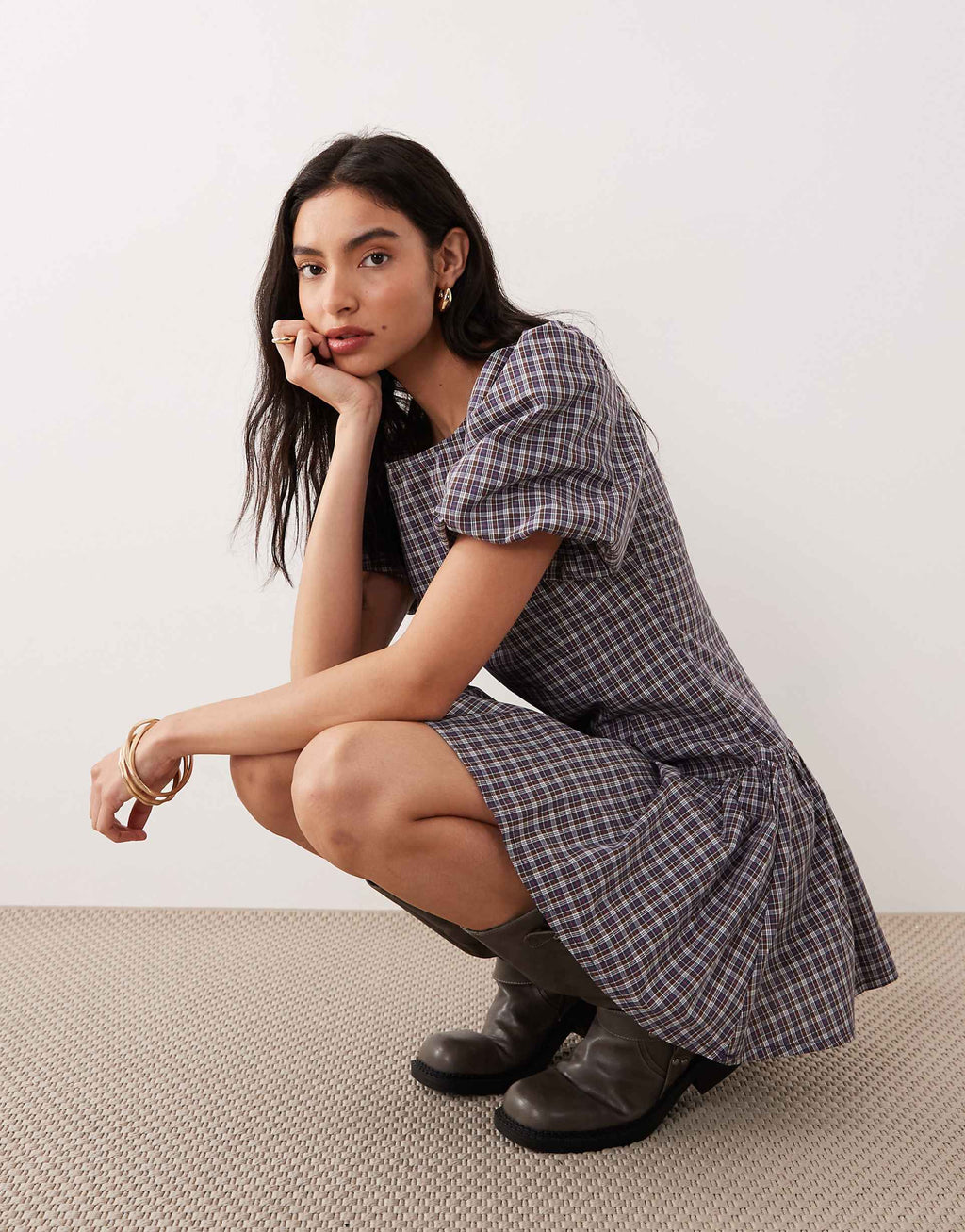 Glamorous dropped waist puff sleeve mini dress in navy burgundy plaid