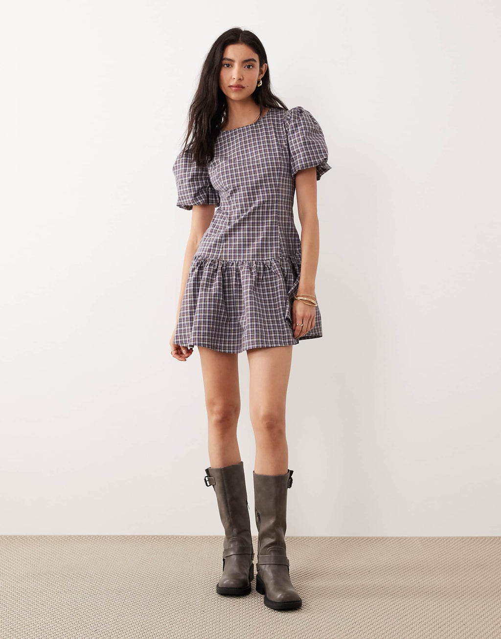 Glamorous dropped waist puff sleeve mini dress in navy burgundy plaid
