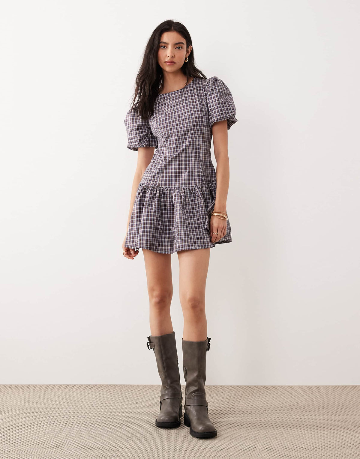 Glamorous dropped waist puff sleeve mini dress in navy burgundy plaid