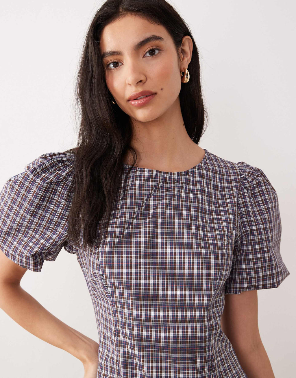 Glamorous dropped waist puff sleeve mini dress in navy burgundy plaid