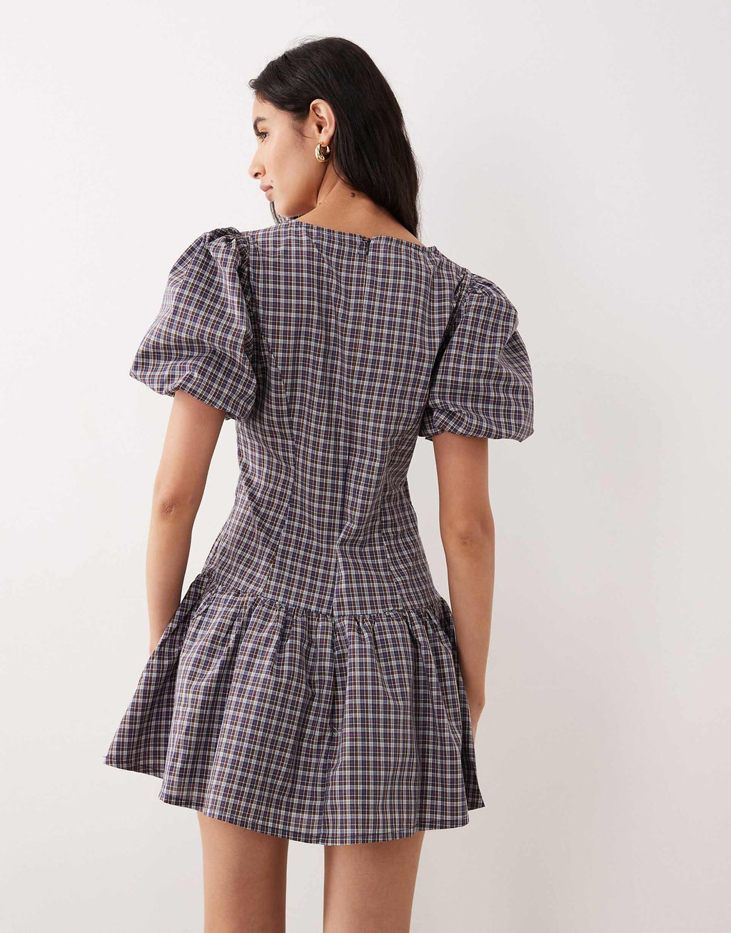 Glamorous dropped waist puff sleeve mini dress in navy burgundy plaid