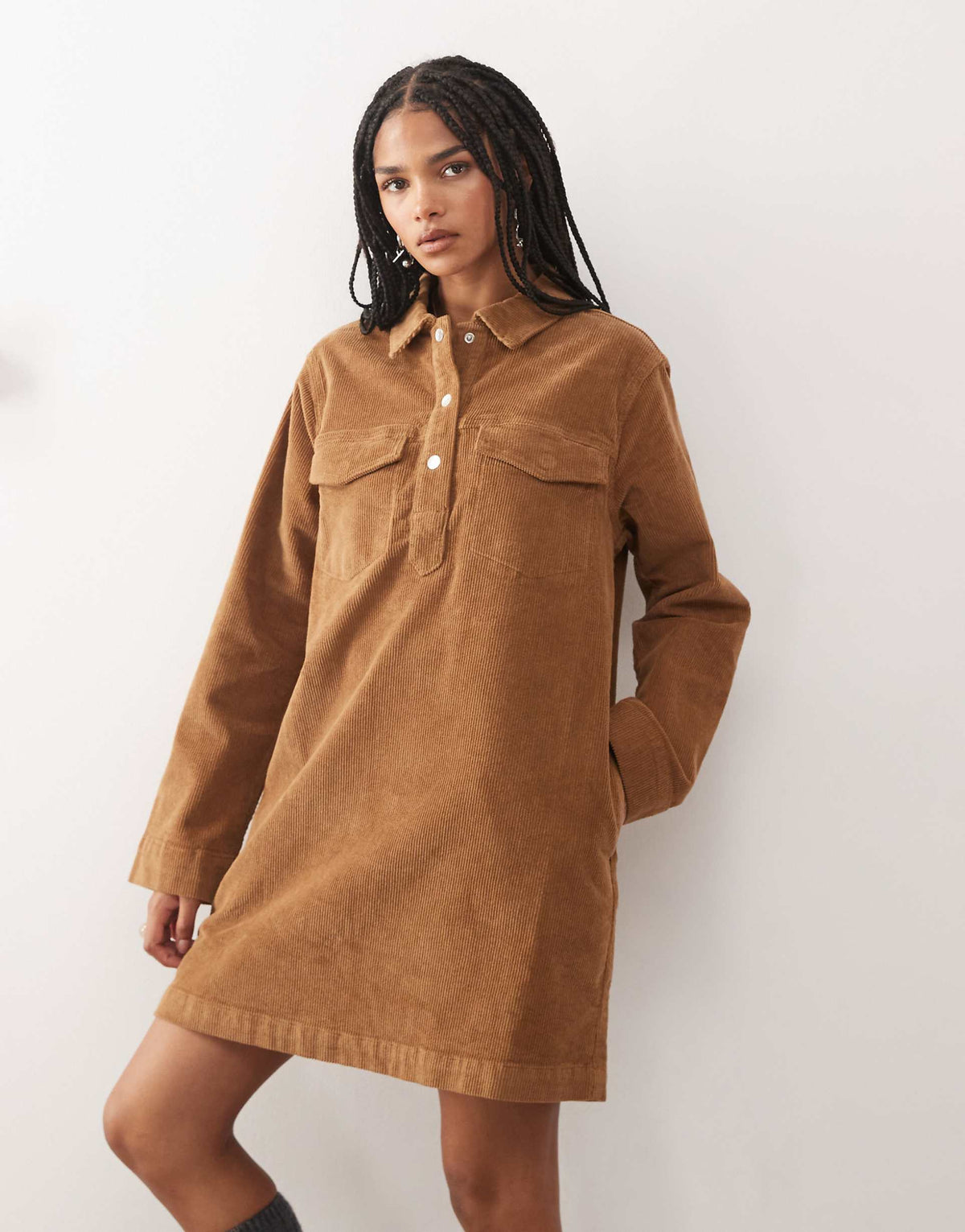 Noisy May corduroy mini dress in warm brown