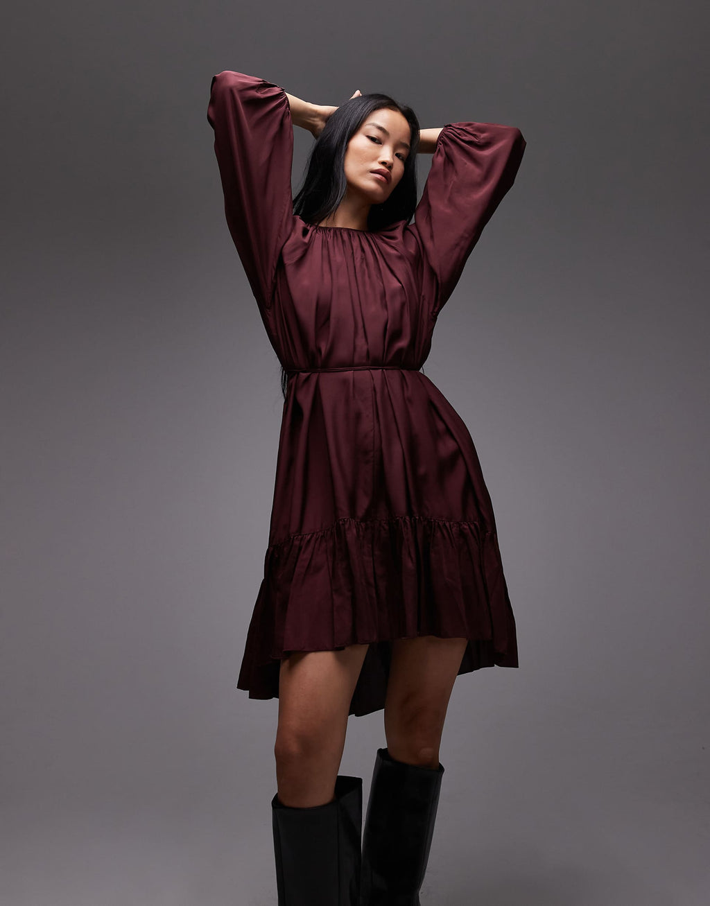 & Other Stories long sleeve floaty midi dress with ruffle detail in burgundy