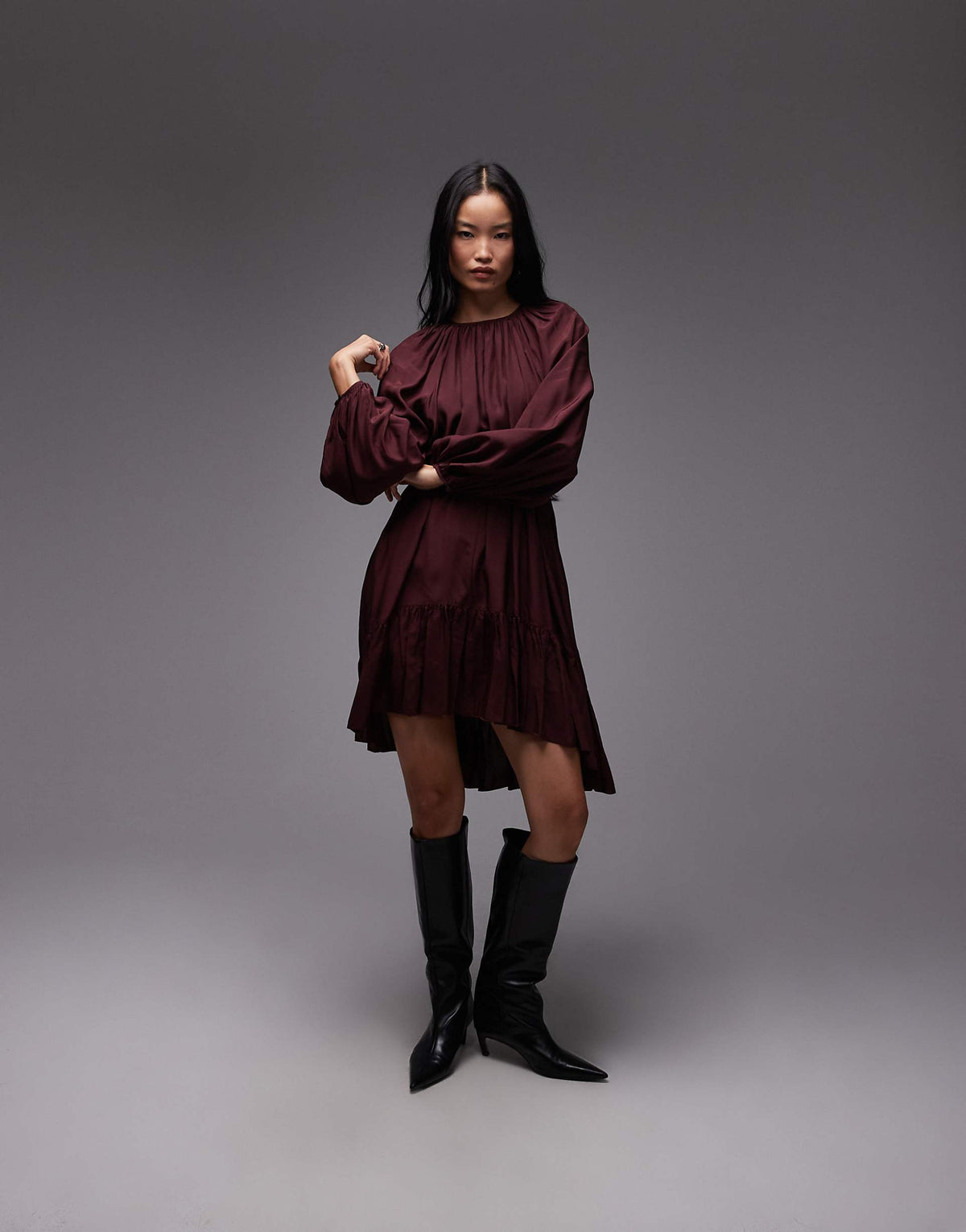 & Other Stories long sleeve floaty midi dress with ruffle detail in burgundy