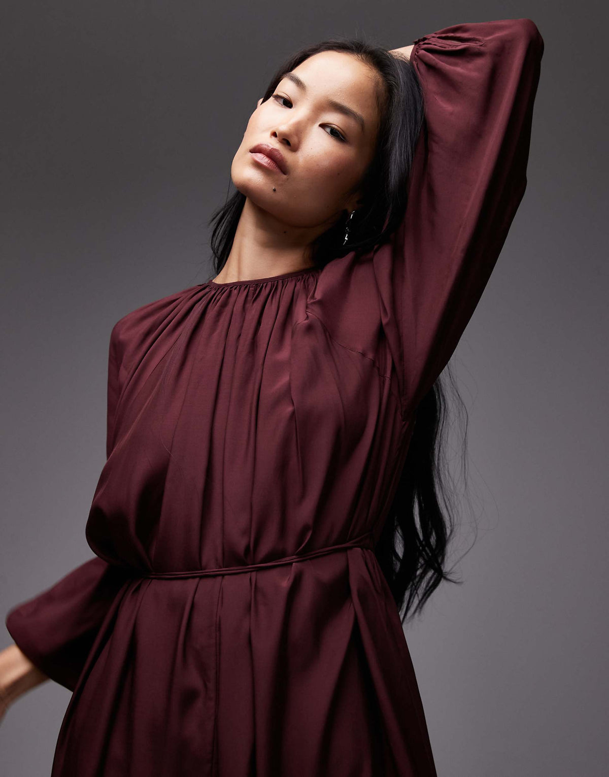 & Other Stories long sleeve floaty midi dress with ruffle detail in burgundy