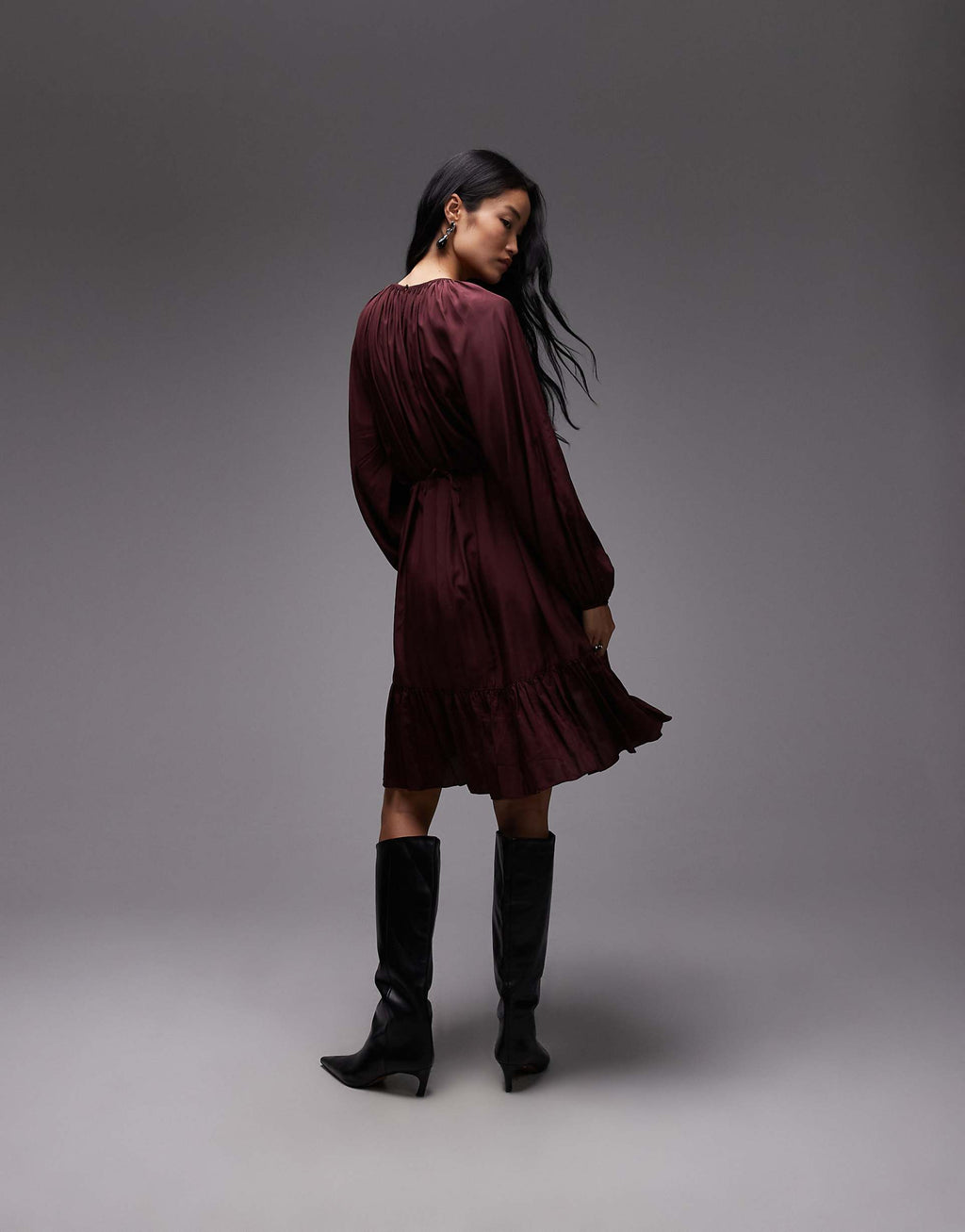 & Other Stories long sleeve floaty midi dress with ruffle detail in burgundy