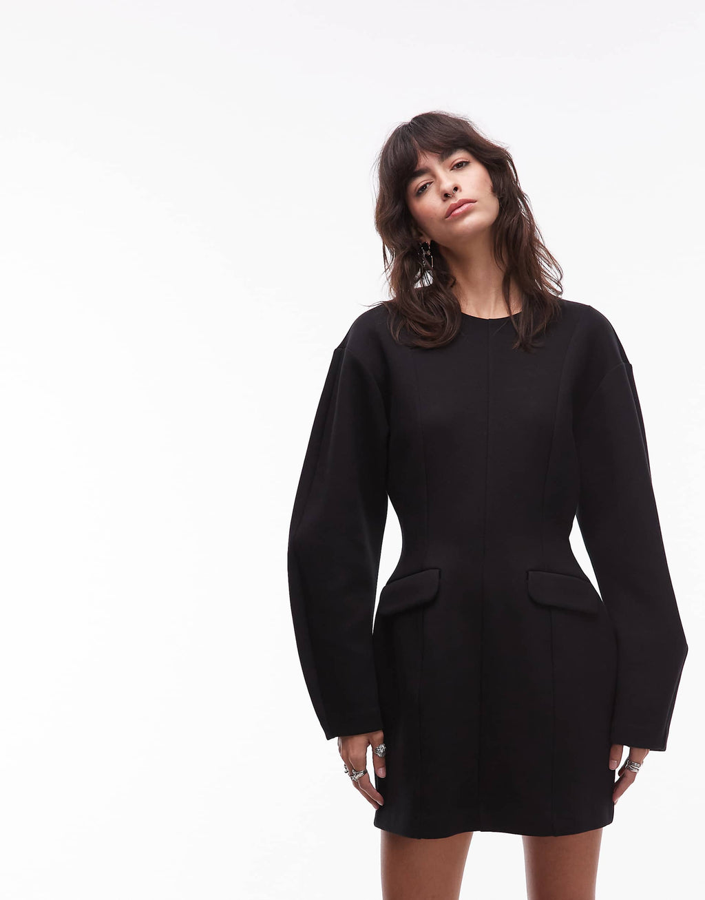 & Other Stories sculpted mini dress with volume sleeves and marked waist in black