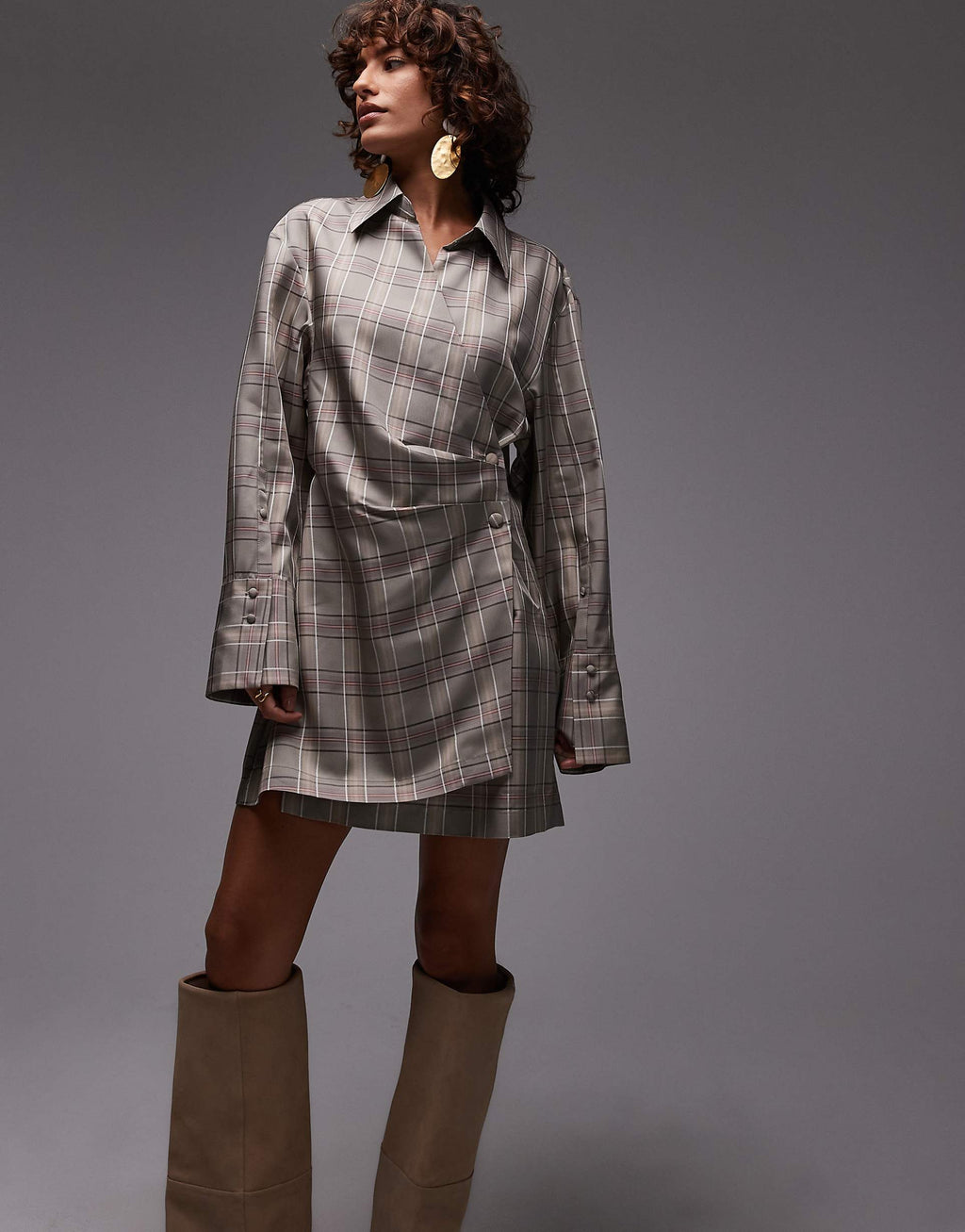 & Other Stories mini shirt dress with ruche wrap front in gray stripe