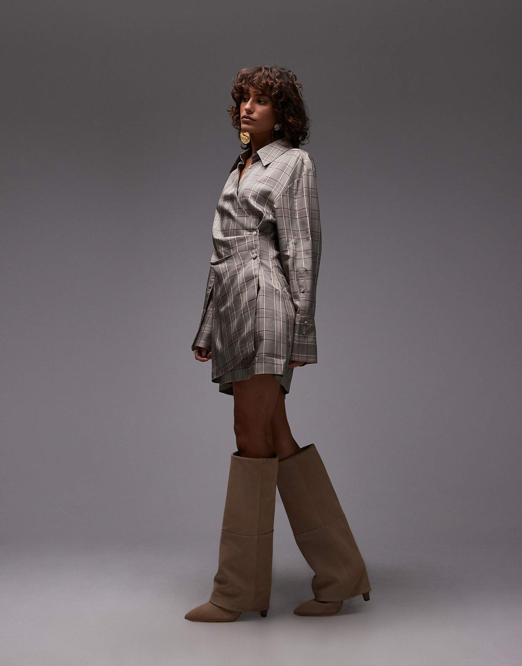& Other Stories mini shirt dress with ruche wrap front in gray stripe