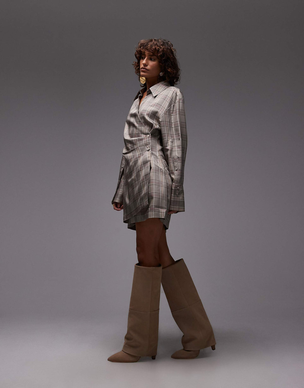 & Other Stories mini shirt dress with ruche wrap front in gray stripe