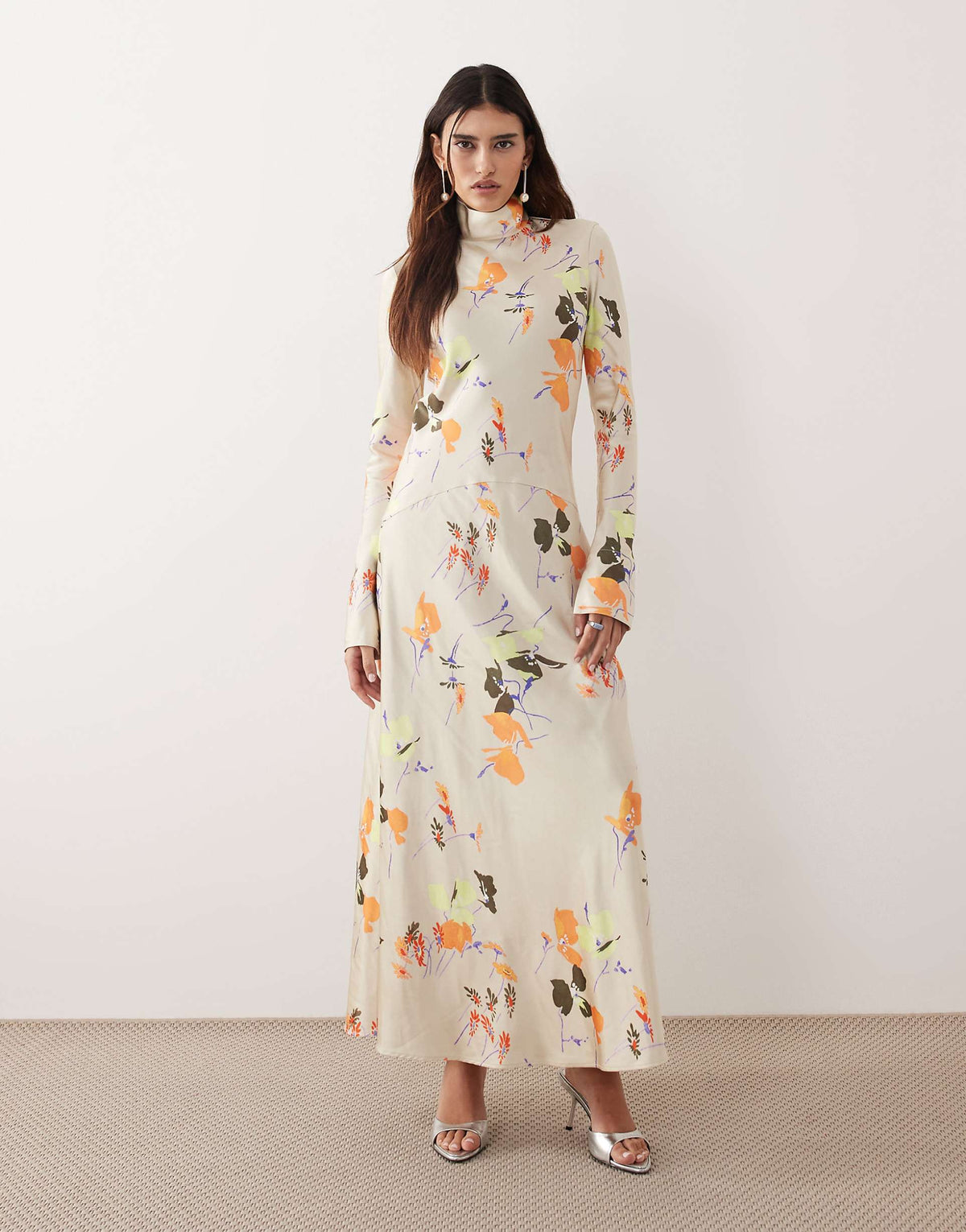 ARRANGE high neck satin paneled maxi dress in floral print