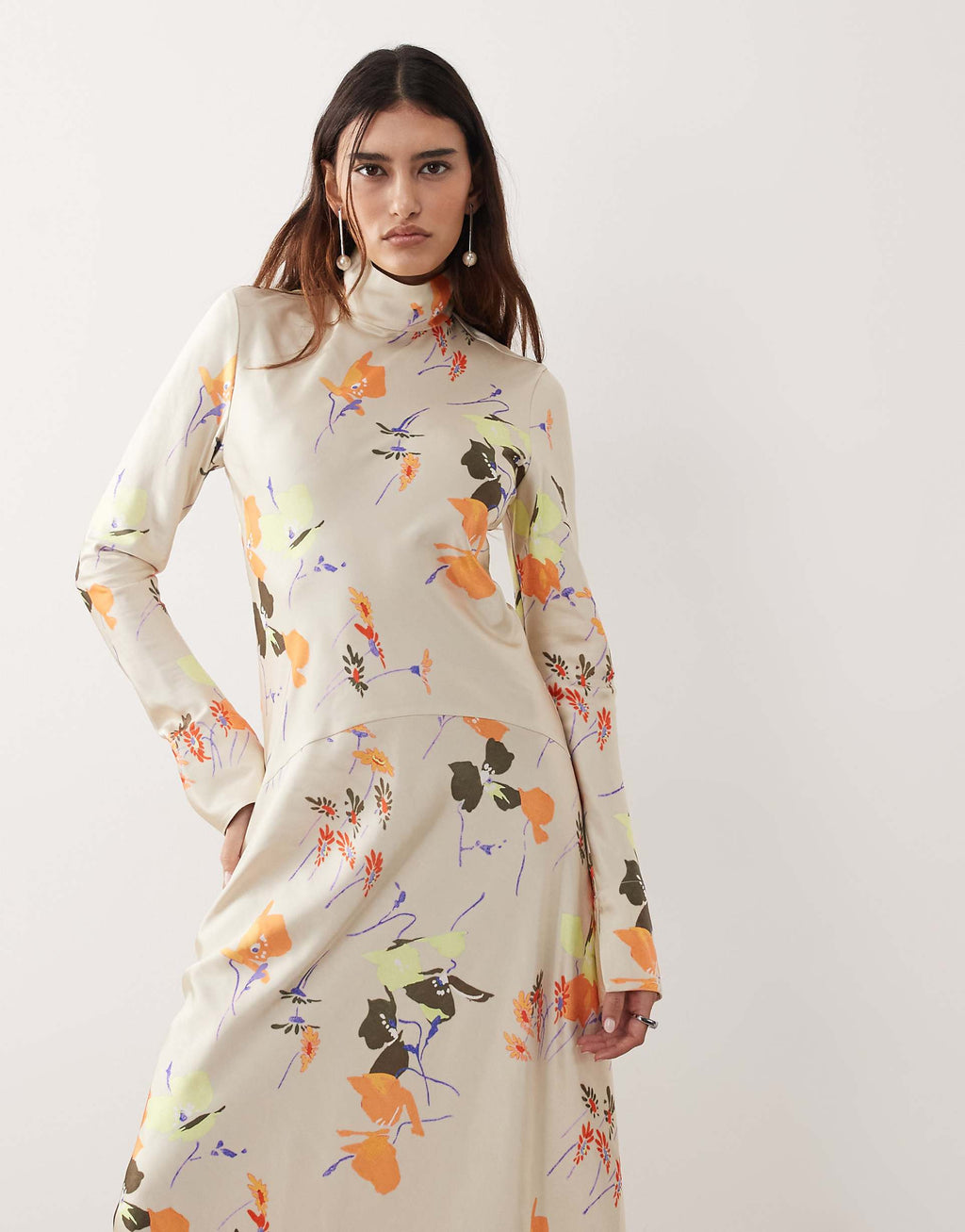 ARRANGE high neck satin paneled maxi dress in floral print