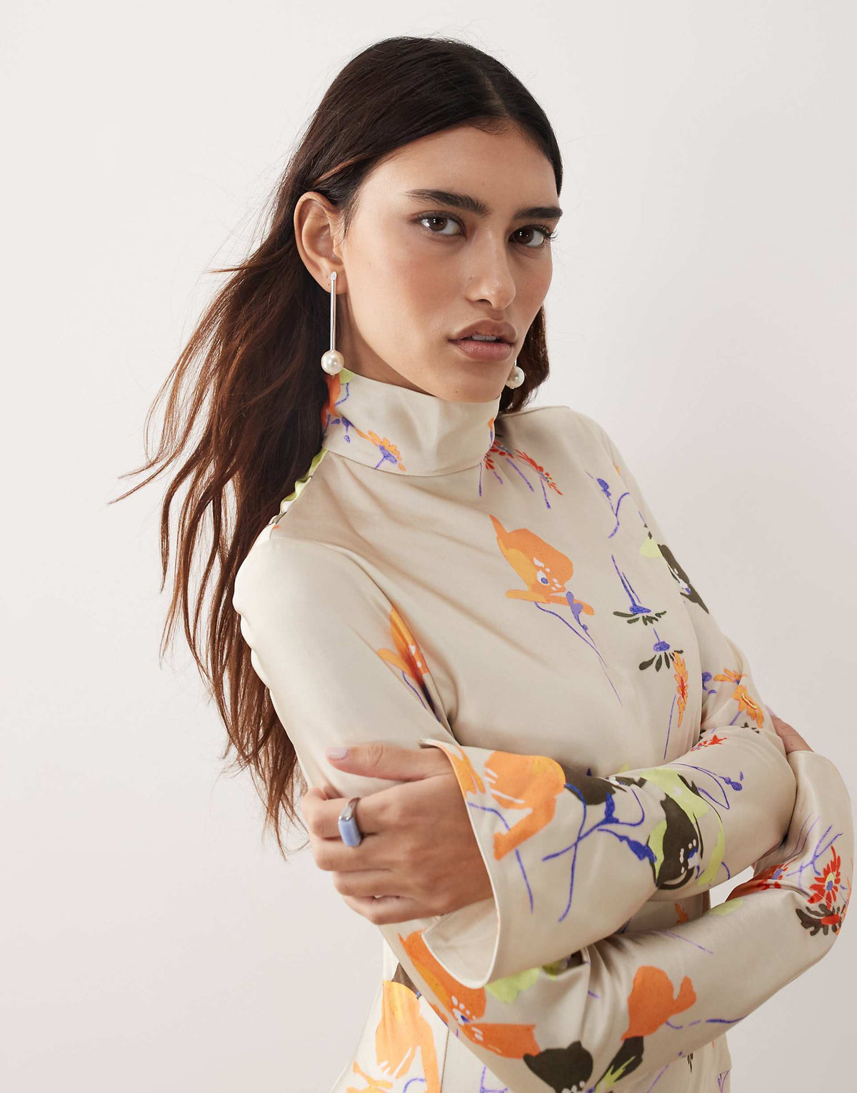 ARRANGE high neck satin paneled maxi dress in floral print