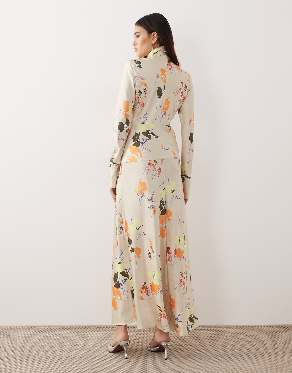ARRANGE high neck satin paneled maxi dress in floral print