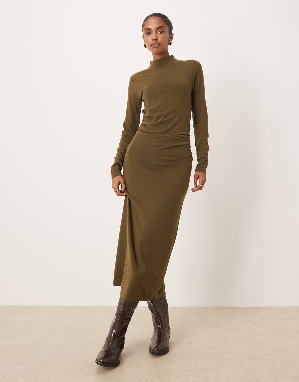 Mango high neck ruched waist maxi dress in khaki