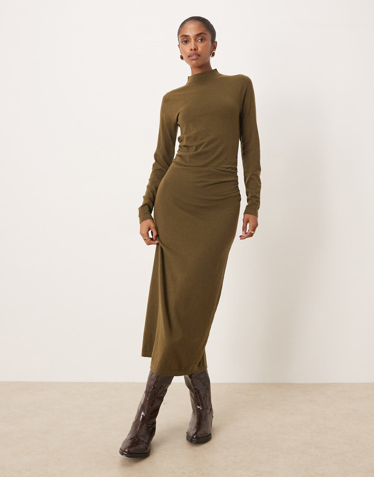 Mango high neck ruched waist maxi dress in khaki