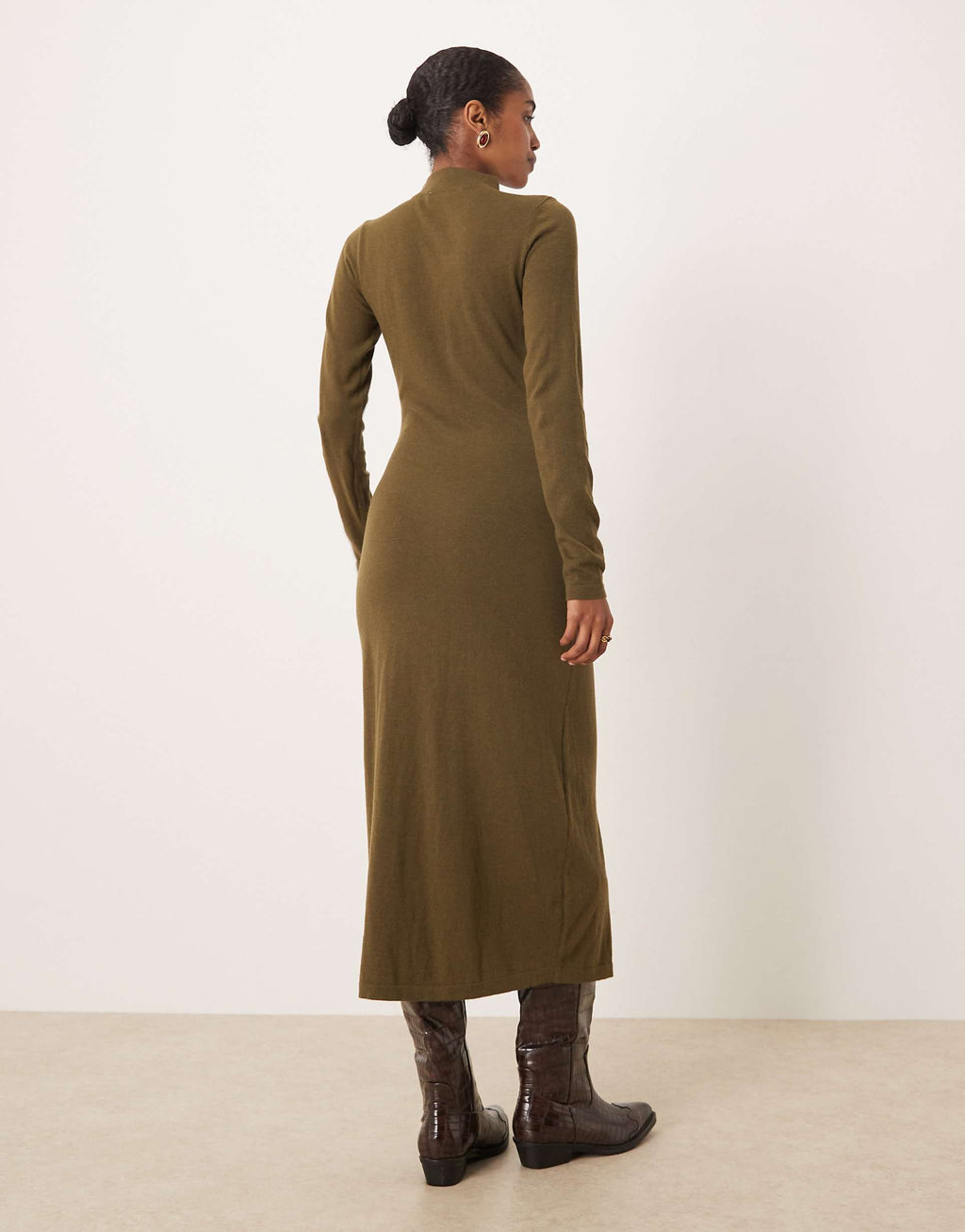 Mango high neck ruched waist maxi dress in khaki