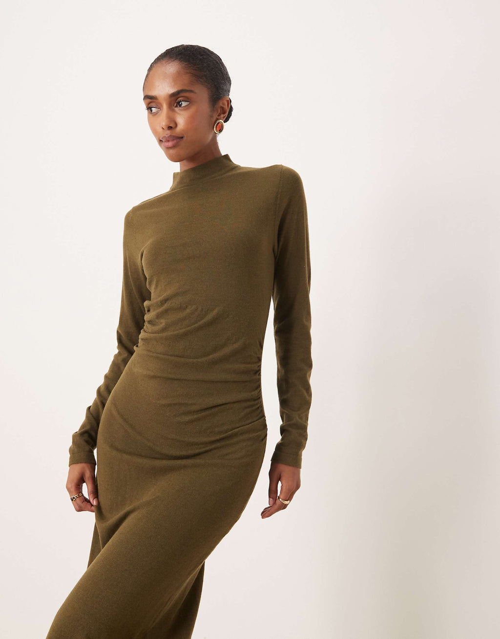 Mango high neck ruched waist maxi dress in khaki