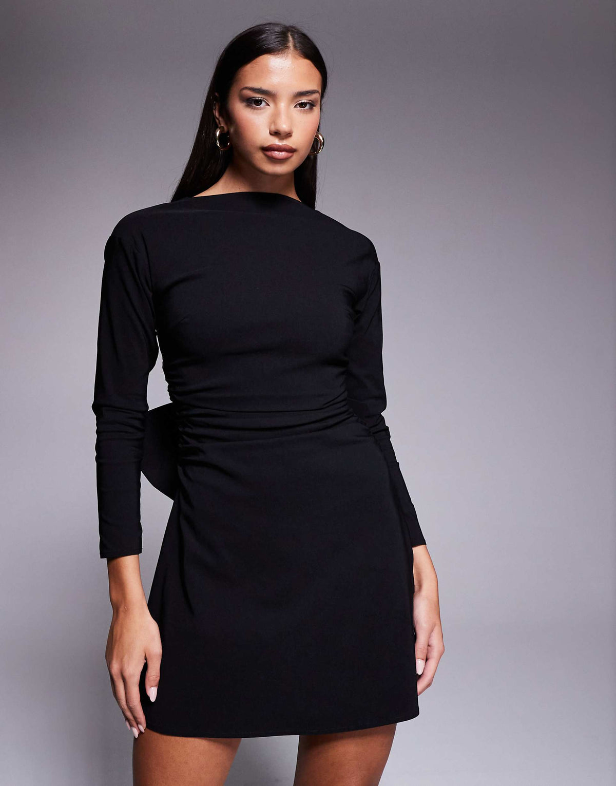 TFNC bengaline long sleeve a-line bow back mini dress in black