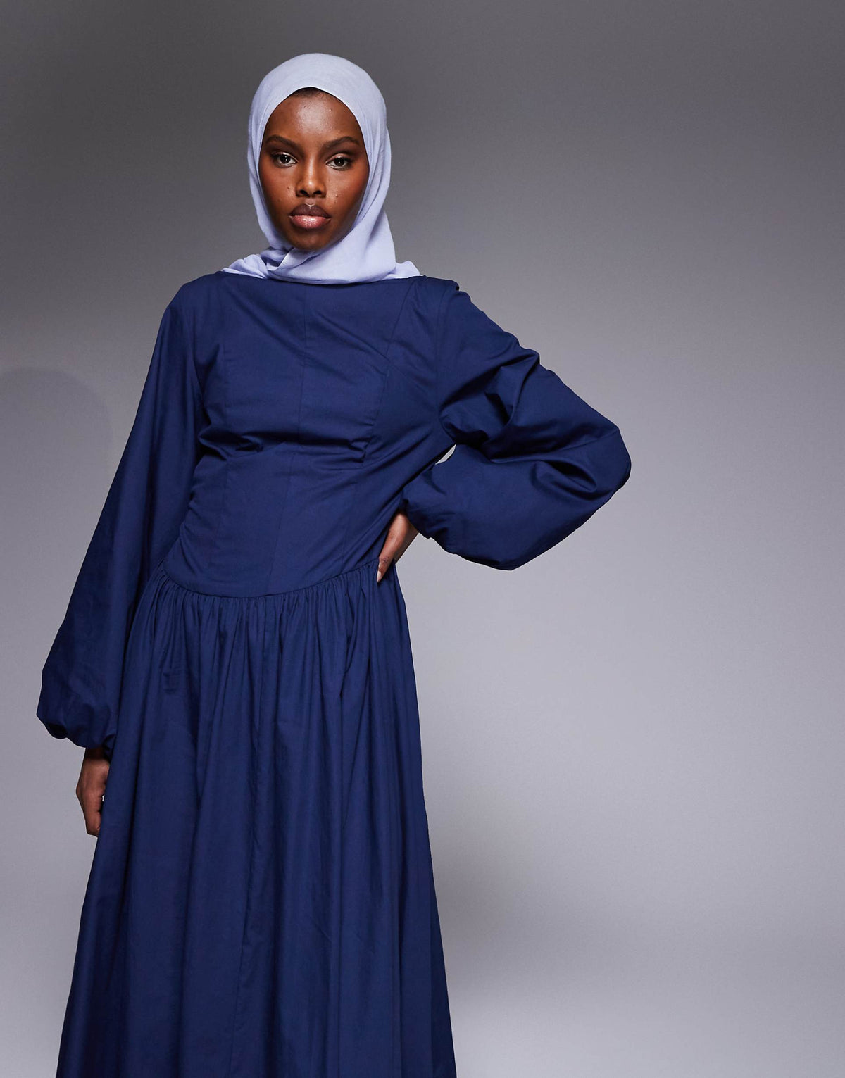 ASOS DESIGN poplin maxi dress with asymmetric waist and volume sleeves in navy