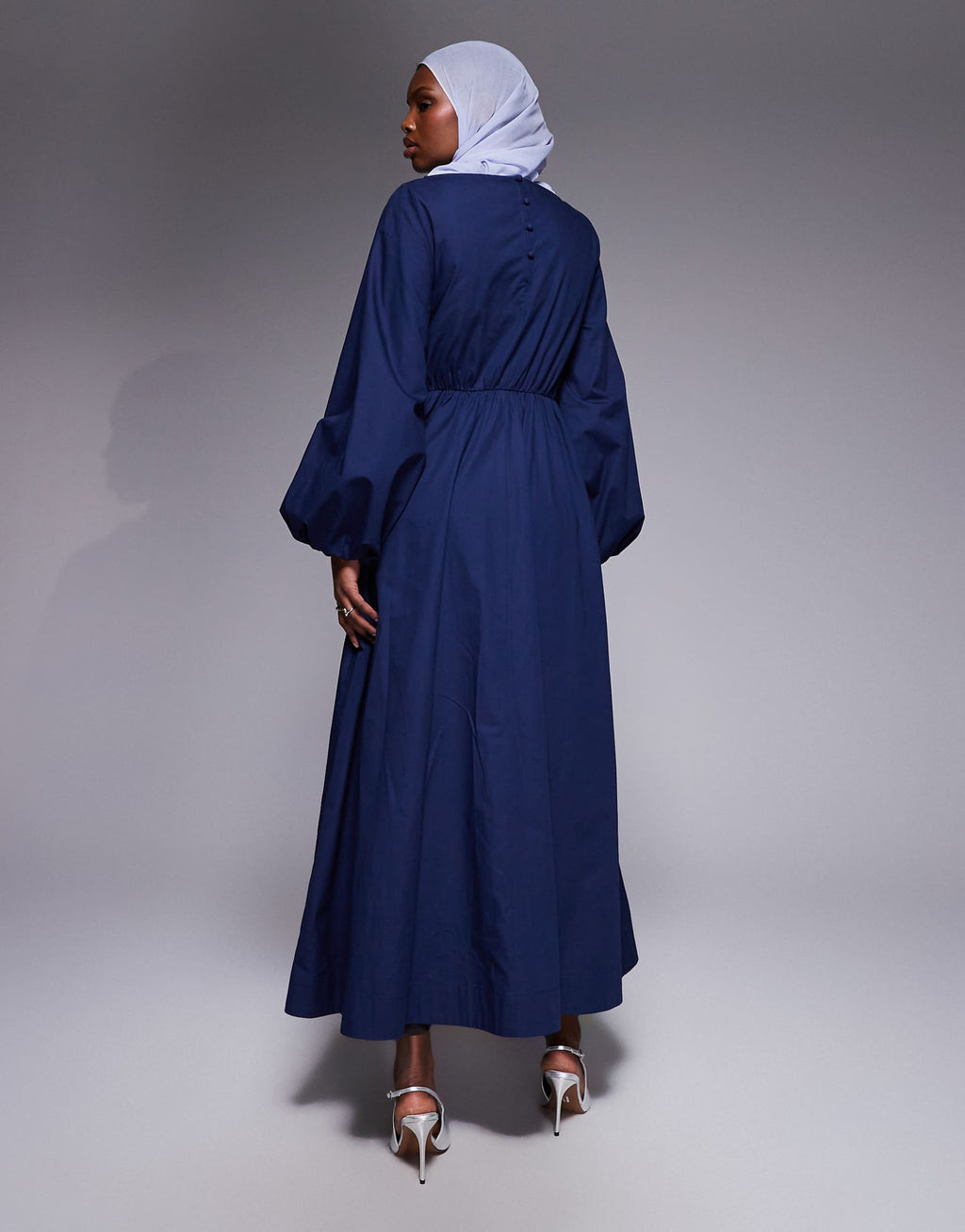 ASOS DESIGN poplin maxi dress with asymmetric waist and volume sleeves in navy