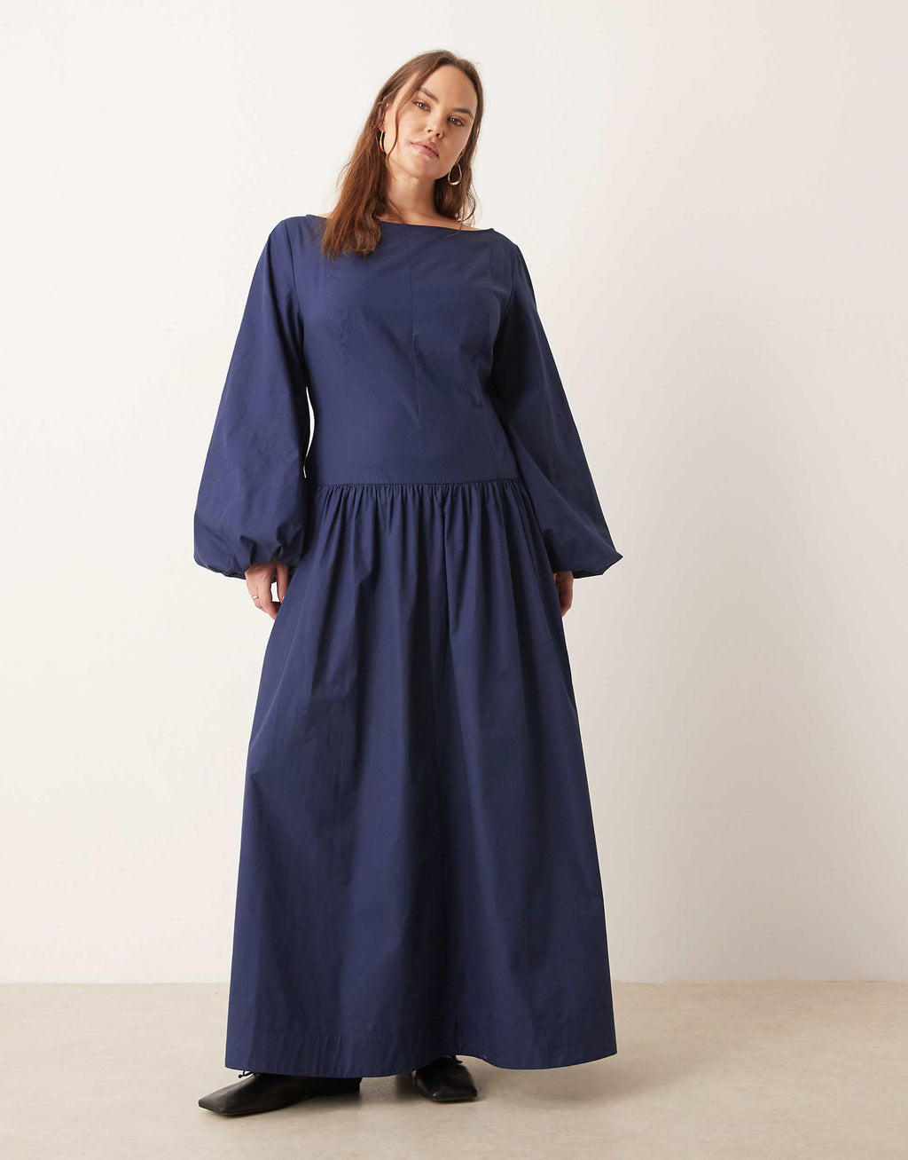 ASOS DESIGN Curve poplin maxi dress with asymmetric waist and volume sleeves in navy