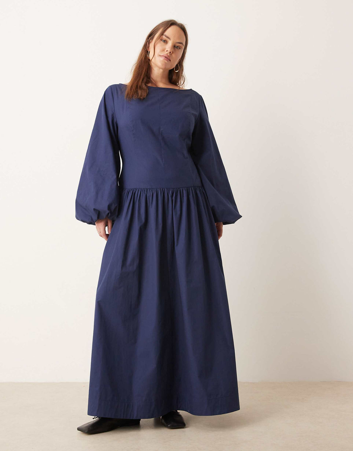 ASOS DESIGN Curve poplin maxi dress with asymmetric waist and volume sleeves in navy