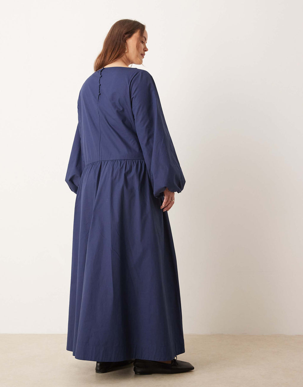 ASOS DESIGN Curve poplin maxi dress with asymmetric waist and volume sleeves in navy