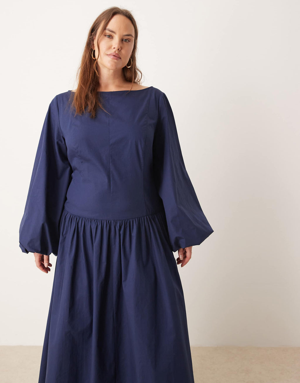 ASOS DESIGN Curve poplin maxi dress with asymmetric waist and volume sleeves in navy