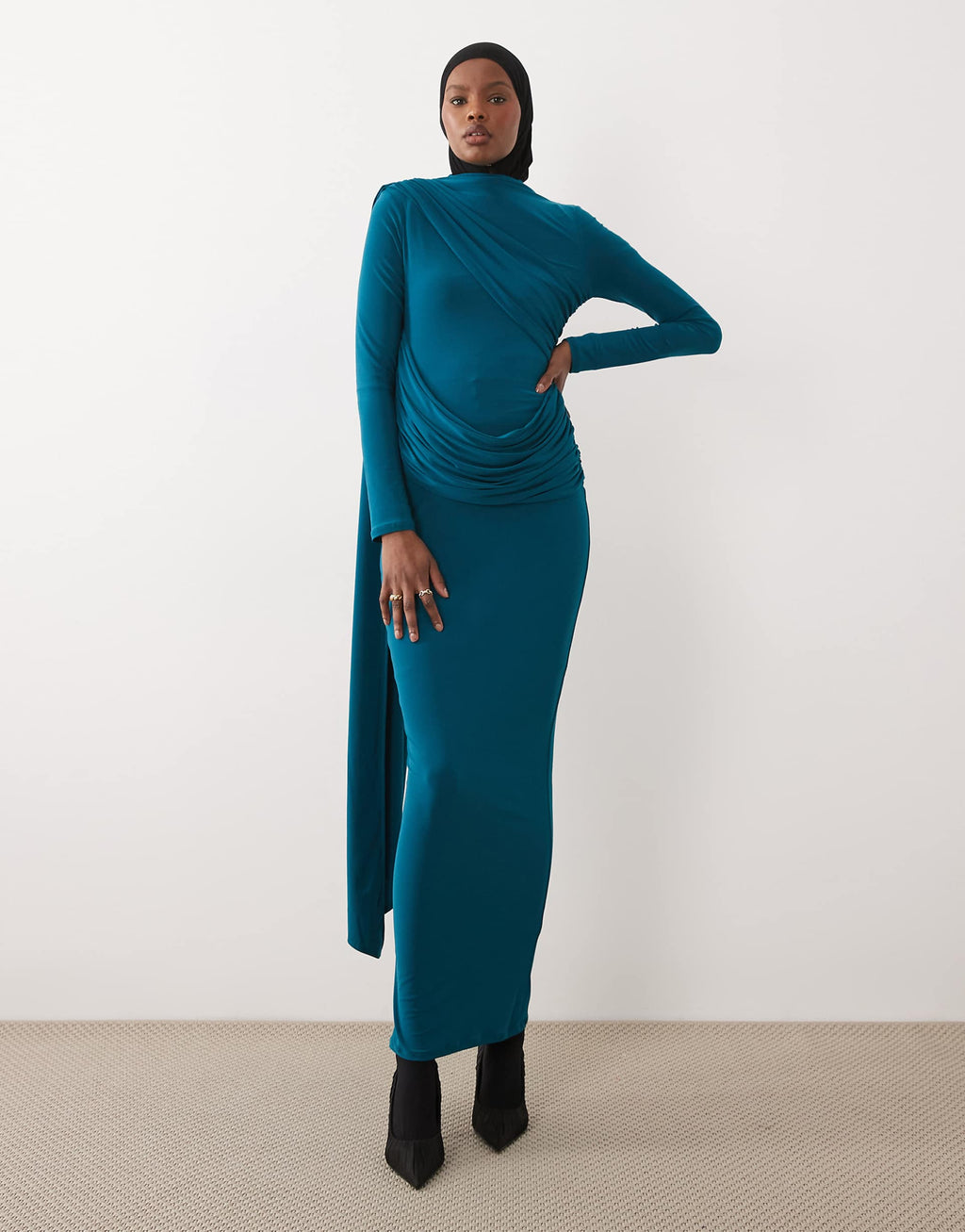 ASOS DESIGN long sleeve slinky draped maxi dress in teal