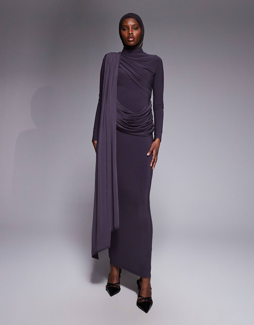 ASOS DESIGN long sleeve slinky draped maxi dress in slate gray