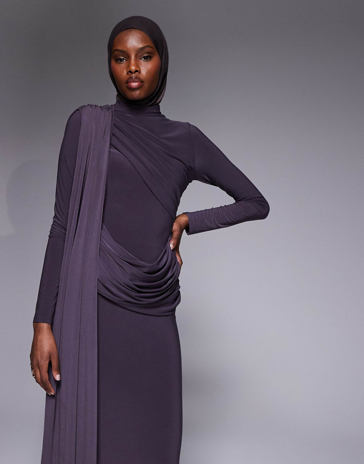 ASOS DESIGN long sleeve slinky draped maxi dress in slate gray