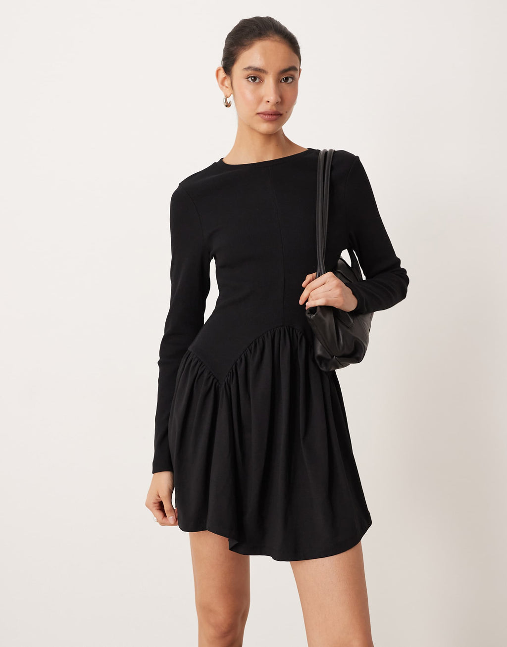 ASOS DESIGN long sleeve scoop dipped hem mini dress in black