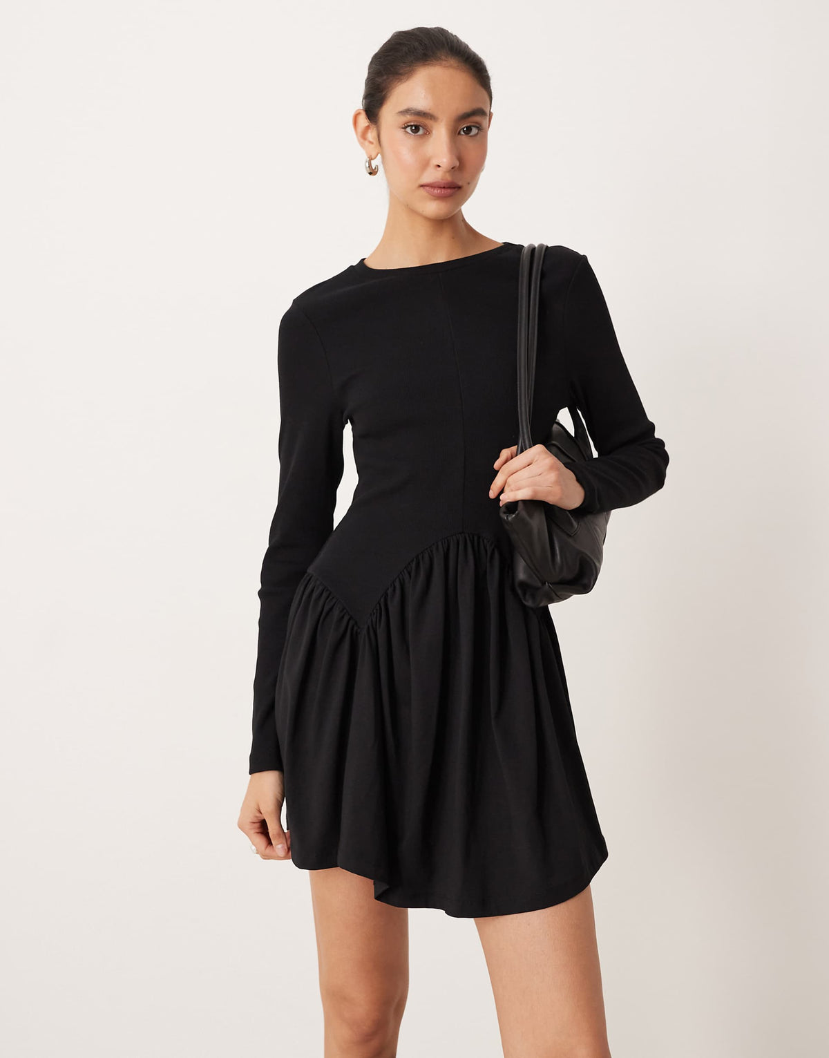ASOS DESIGN long sleeve scoop dipped hem mini dress in black