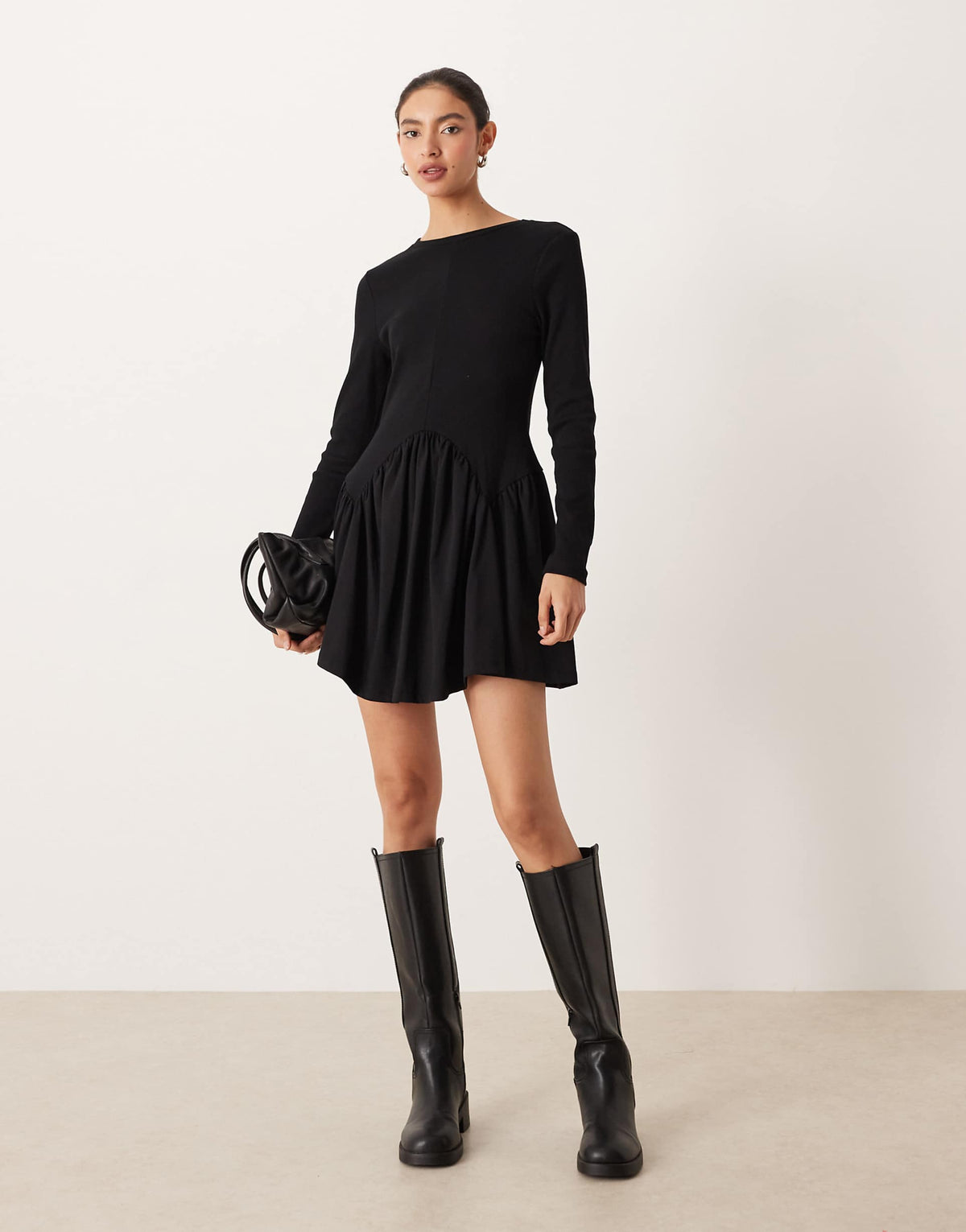 ASOS DESIGN long sleeve scoop dipped hem mini dress in black