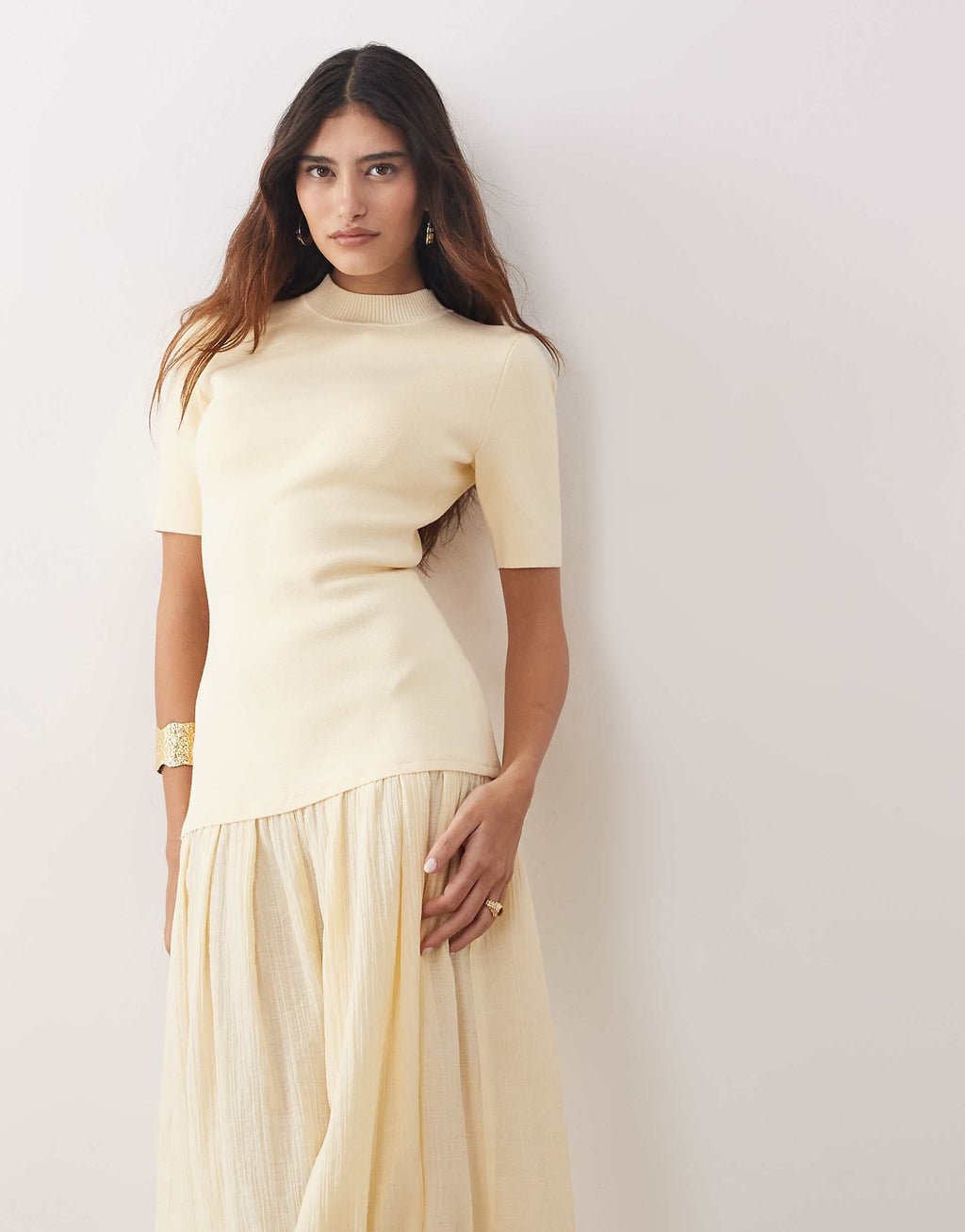 ARRANGE knit short sleeve hybrid midi dress in buttermilk