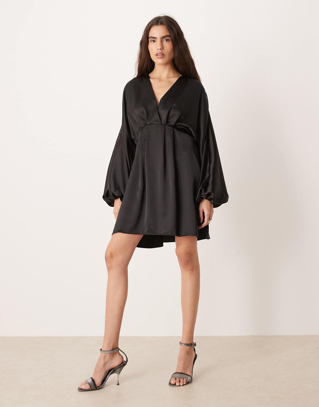 Gina Tricot v neck satin batwing sleeve mini dress with wrap front detail in black